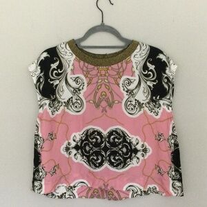 Anthropologie silky pink black blouse gold trim S